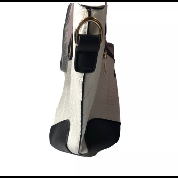 White Black Faux Leather Croc Satchel Handbag Set - Picture 4 of 6